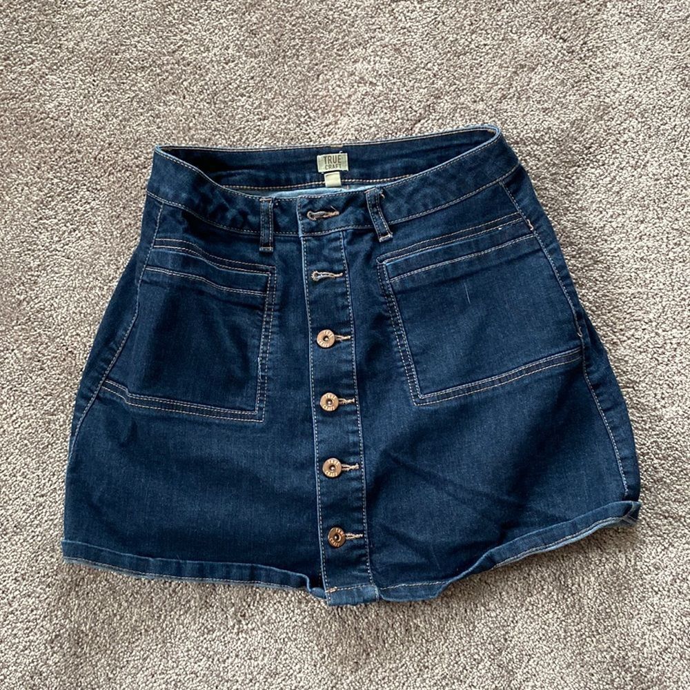 True Craft Blue Denim Button Front Mini Skirt High Rise Pockets SIZE 9